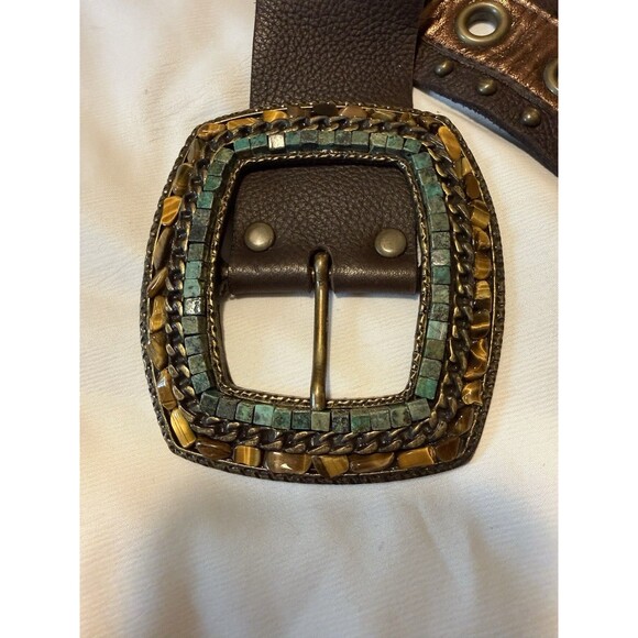 Boho Wide Leather Belt Beaded Stone Buckle Brown Studded Western Festival  Belt main image 8